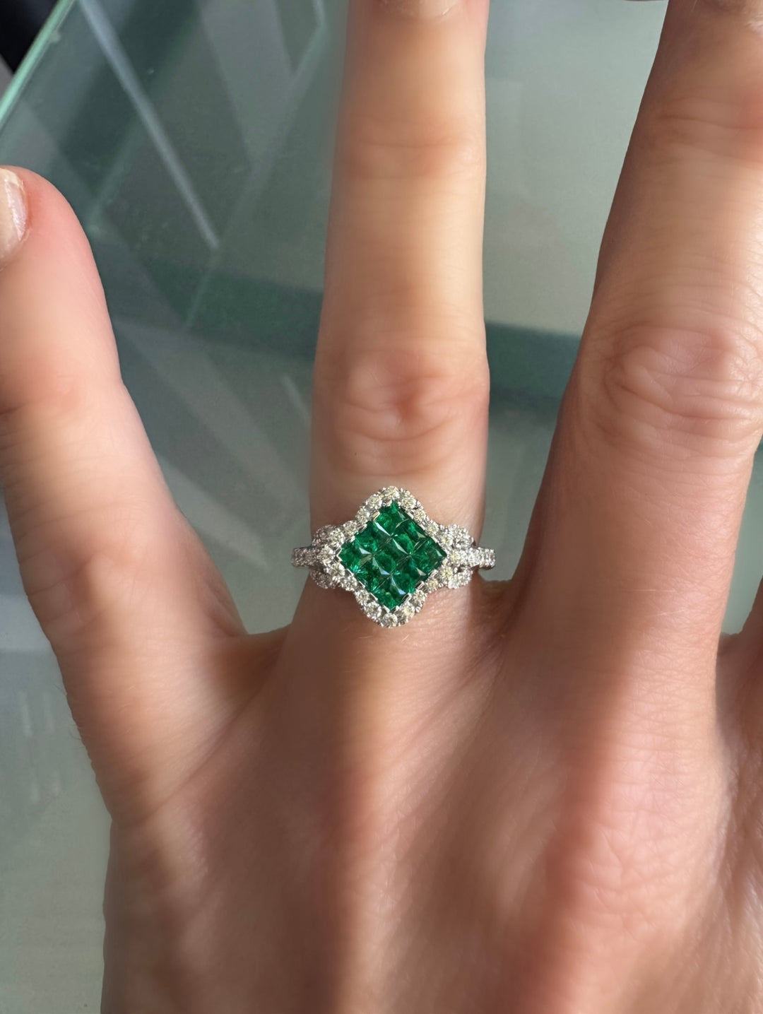 Emerald, Diamond and 18K White Gold Cocktail Ring