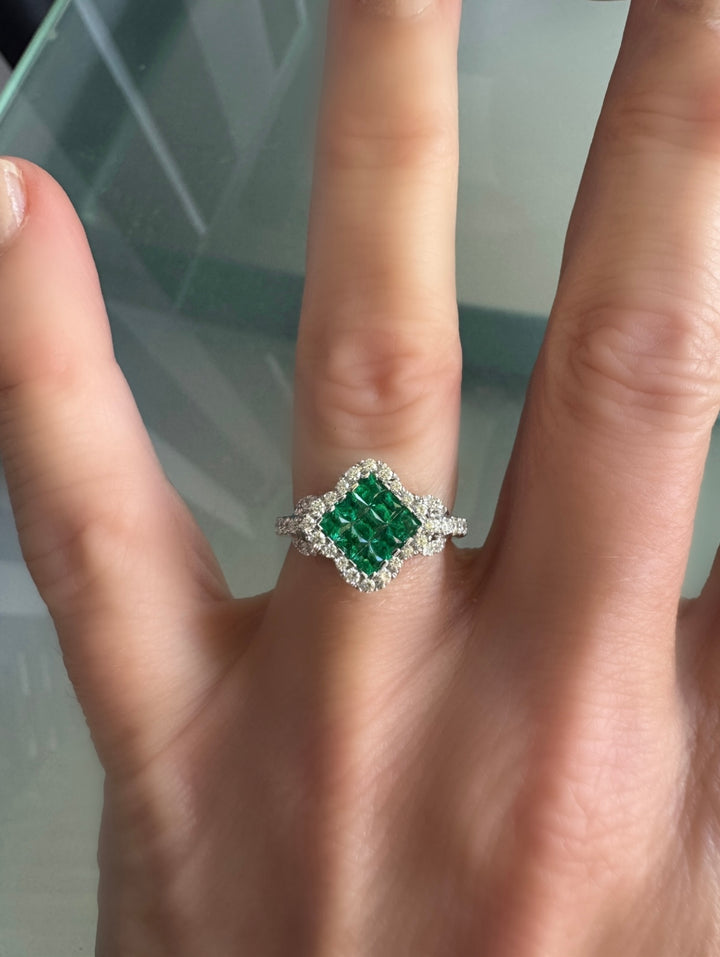 Emerald, Diamond and 18K White Gold Cocktail Ring