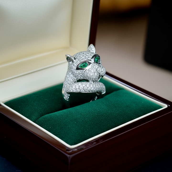 Panther, Diamond, Emerald and 18K White Gold Ring