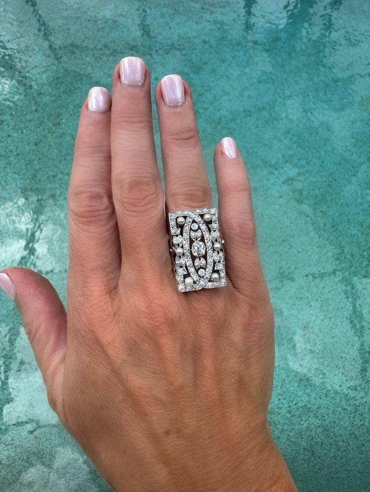 Vintage Diamonds and Pearl Platinum and 14Kt White Gold Filigree Ring