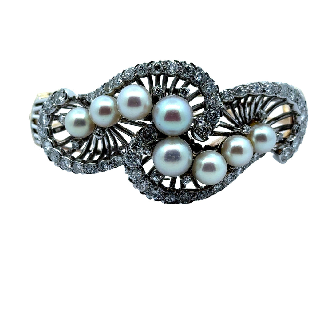 1960's Cultured Pearl Diamond 14K White and Yellow Gold Bangle