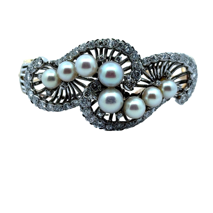 1960's Cultured Pearl Diamond 14K White and Yellow Gold Bangle