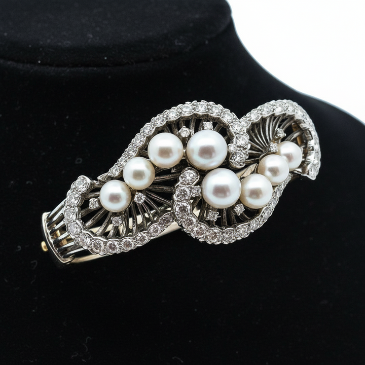 1960's Cultured Pearl Diamond 14K White and Yellow Gold Bangle