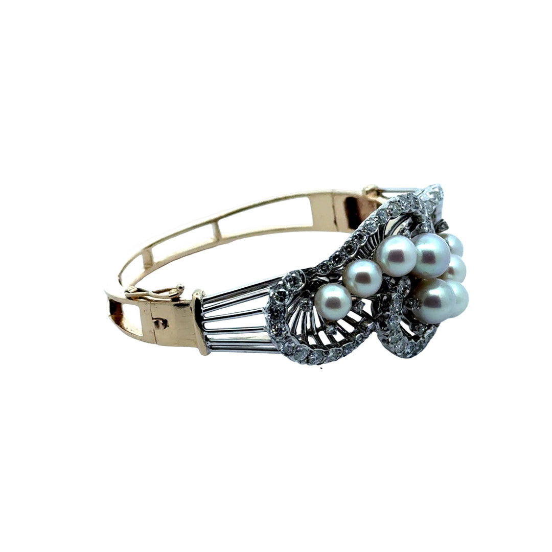 1960's Cultured Pearl Diamond 14K White and Yellow Gold Bangle