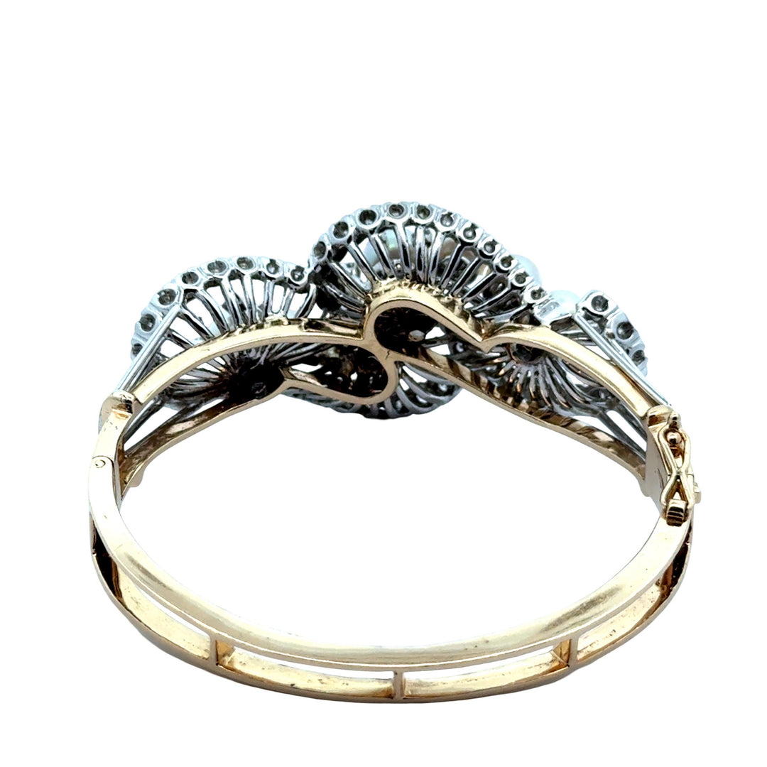 1960's Cultured Pearl Diamond 14K White and Yellow Gold Bangle