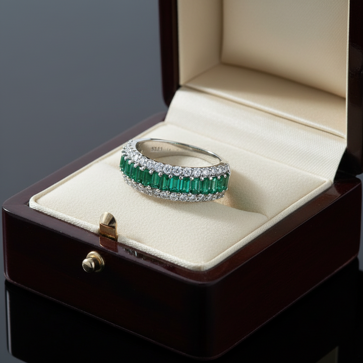 Emerald, Diamond, 18K White Gold Ring