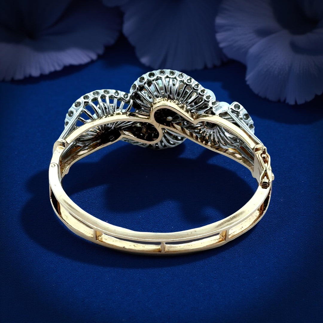 1960's Cultured Pearl Diamond 14K White and Yellow Gold Bangle
