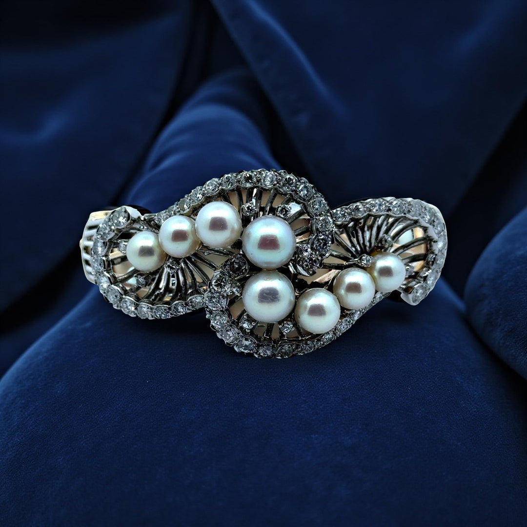 1960's Cultured Pearl Diamond 14K White and Yellow Gold Bangle