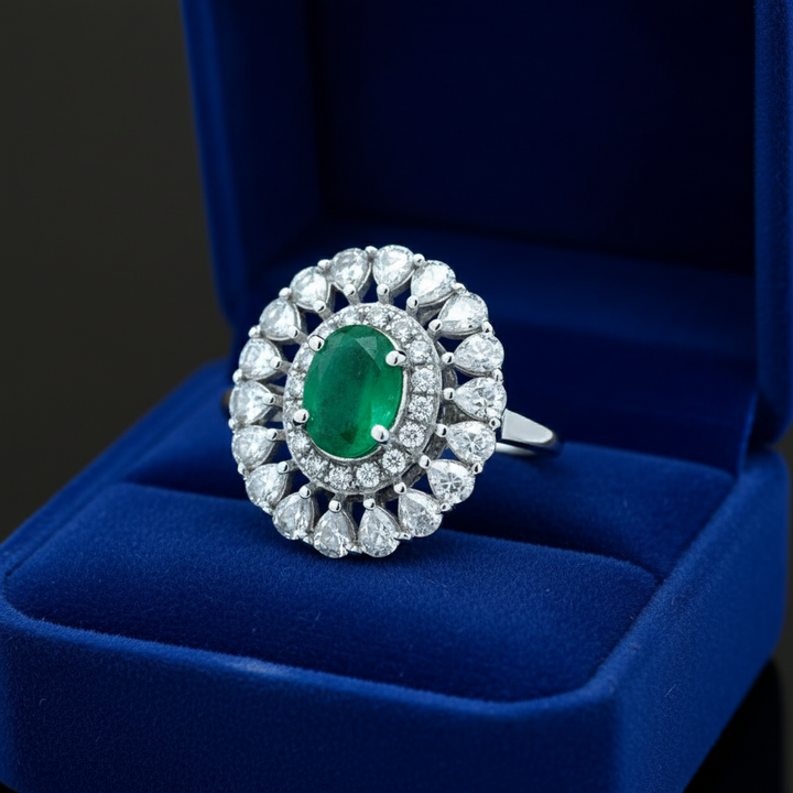 Emerald, Rose Cut Diamond 18K White Gold Ring