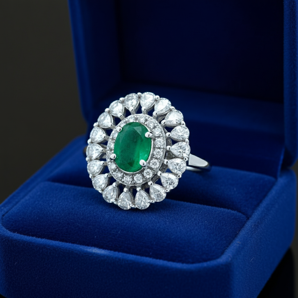 Emerald, Rose Cut Diamond 18K White Gold Ring