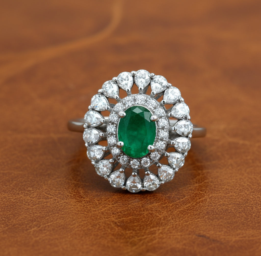 Emerald, Rose Cut Diamond 18K White Gold Ring