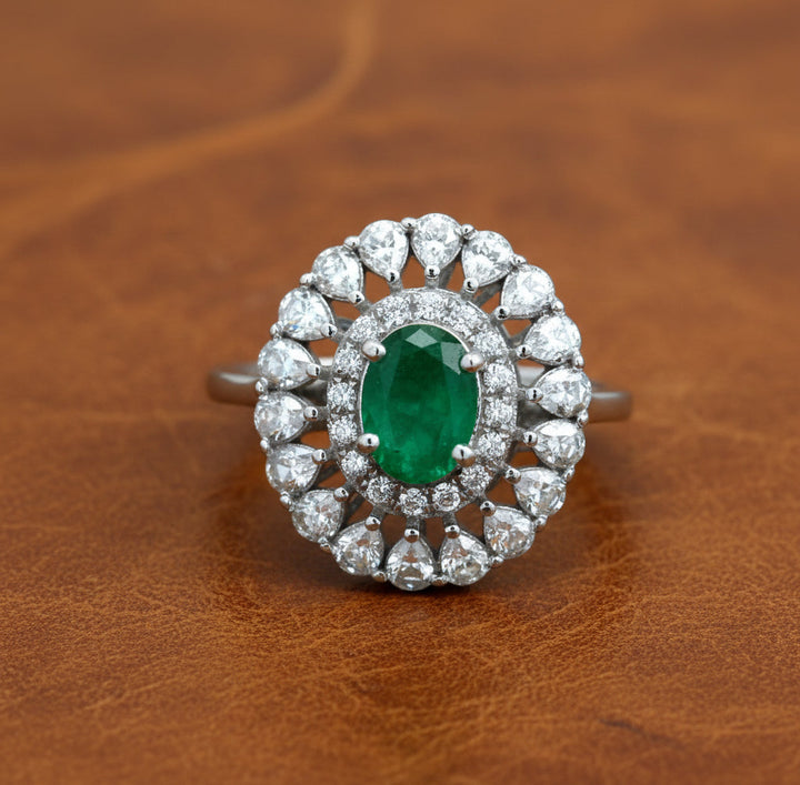 Emerald, Rose Cut Diamond 18K White Gold Ring