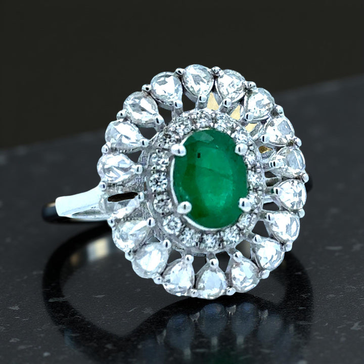 Emerald, Rose Cut Diamond 18K White Gold Ring
