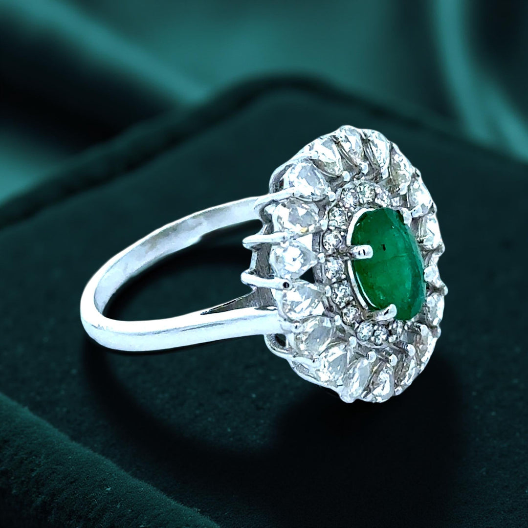 Emerald, Rose Cut Diamond 18K White Gold Ring