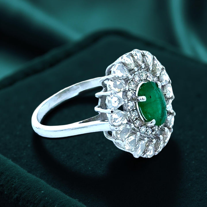 Emerald, Rose Cut Diamond 18K White Gold Ring