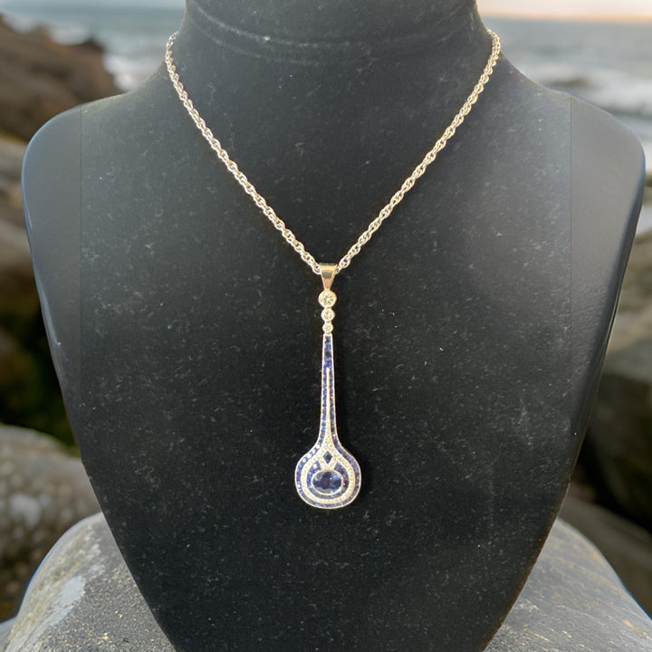 French Cut Sapphire and Diamond 18K White Gold Pendant