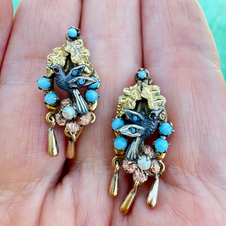 Victorian Revival Turquoise, Cultured Pearl 14K Yellow/Rose Gold and Pewter Pendant, Brooch and Earring Set