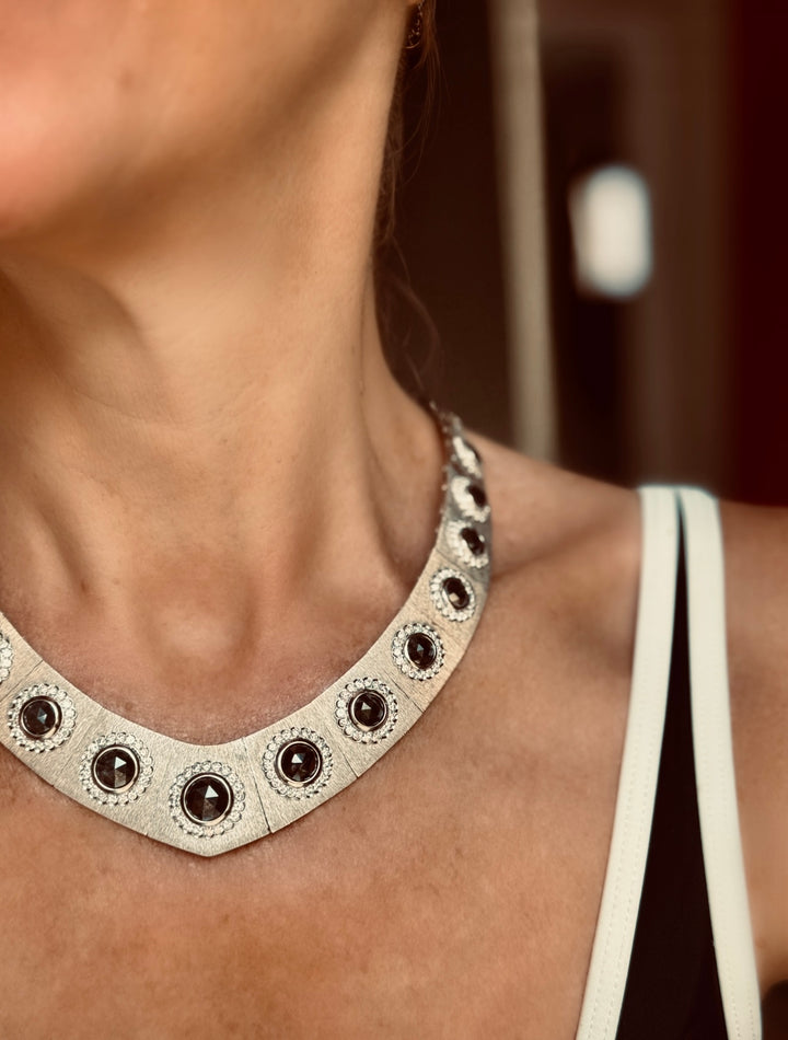 Vintage 1960s 18K White Gold, Rose Cut Black Diamonds and White Diamond Statement Necklace