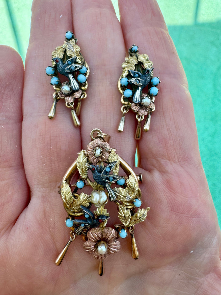 Victorian Revival Turquoise, Cultured Pearl 14K Yellow/Rose Gold and Pewter Pendant, Brooch and Earring Set