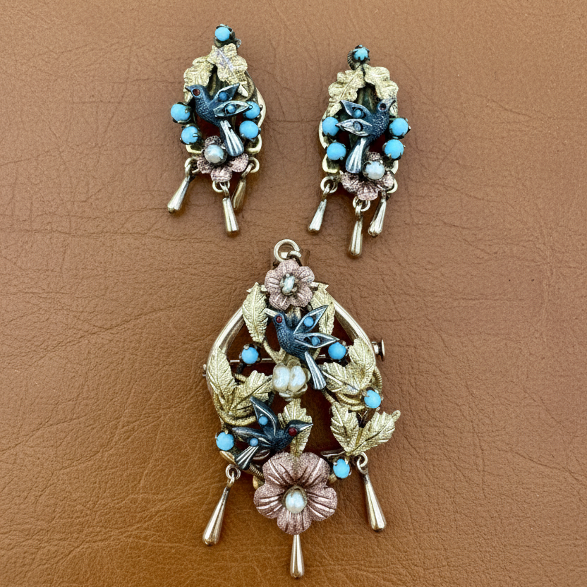 Victorian Revival Turquoise, Cultured Pearl 14K Yellow/Rose Gold and Pewter Pendant, Brooch and Earring Set