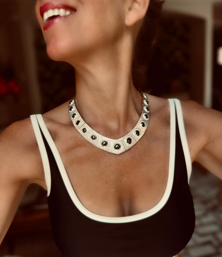 Vintage 1960s 18K White Gold, Rose Cut Black Diamonds and White Diamond Statement Necklace