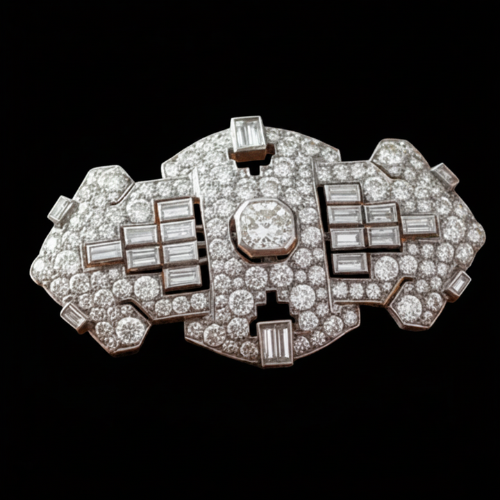 Art Deco 17.50 ctw Diamond (Center Diamond 2.50 ct), Platinum and 18K White Gold Brooch