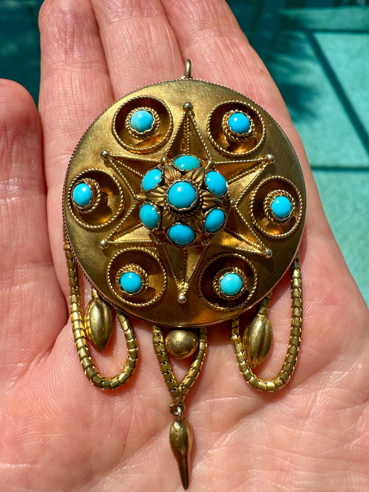 Victorian 1870's Turquoise and 14Kt Yellow Gold Pendant Brooch