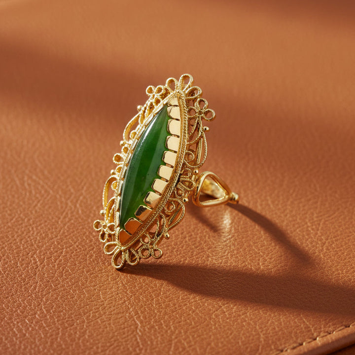 Victorian Revival Jade and 14K Yellow Gold Ring
