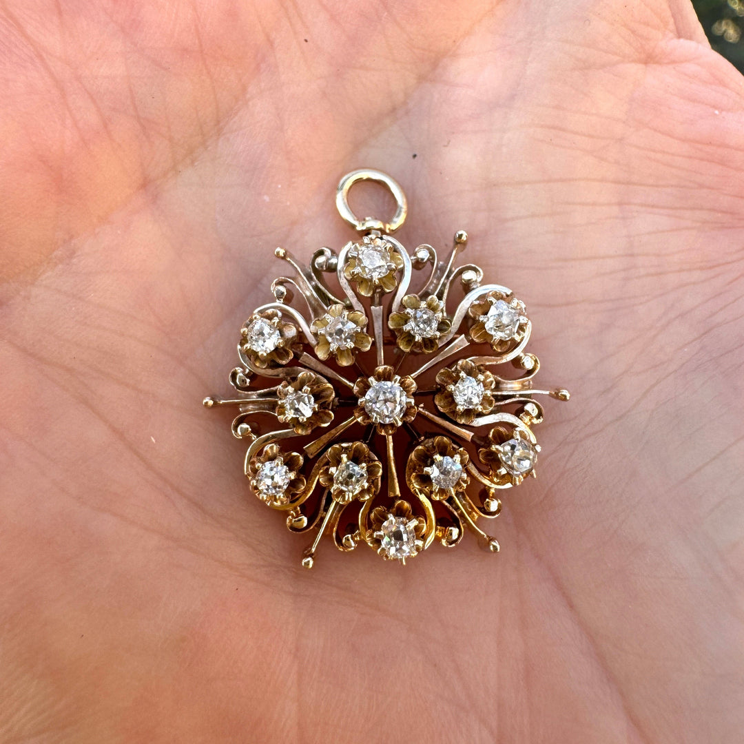 Mid Century Modern Old Mine Cut Diamond 14K Yellow Gold Brooch/Pendant
