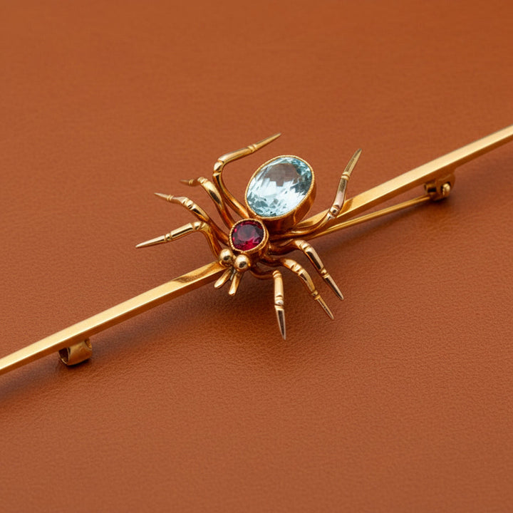 English Blue Topaz,Garnet Spider and 9K Yellow Gold Brooch