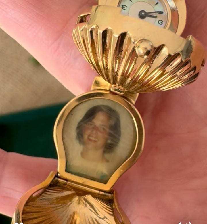 Retro 1940's Clam Watch and Diamond, Ruby Locket Bracelet.