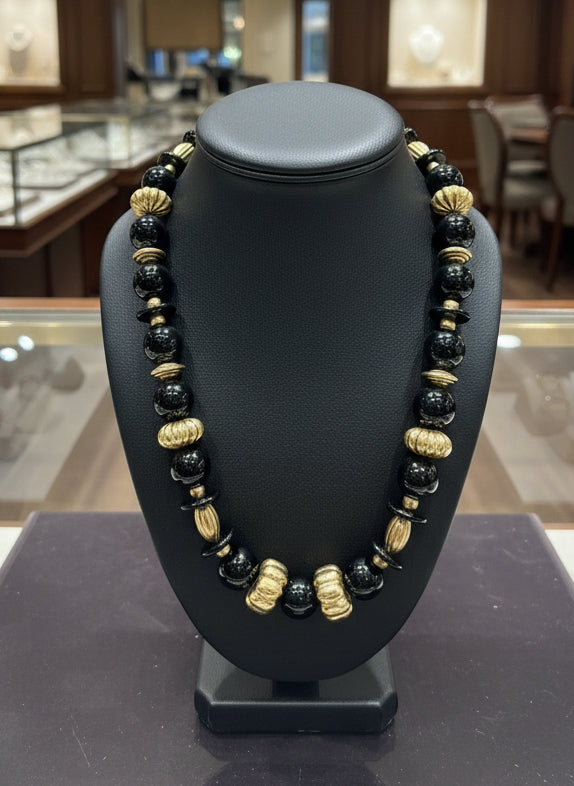 Custom Made Onyx and 14K/18K Yellow Gold Necklace