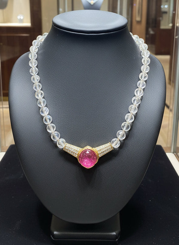 Rubellite, Emerald and Diamond Carved Rock Crystal 18K Yellow Gold Necklace.
