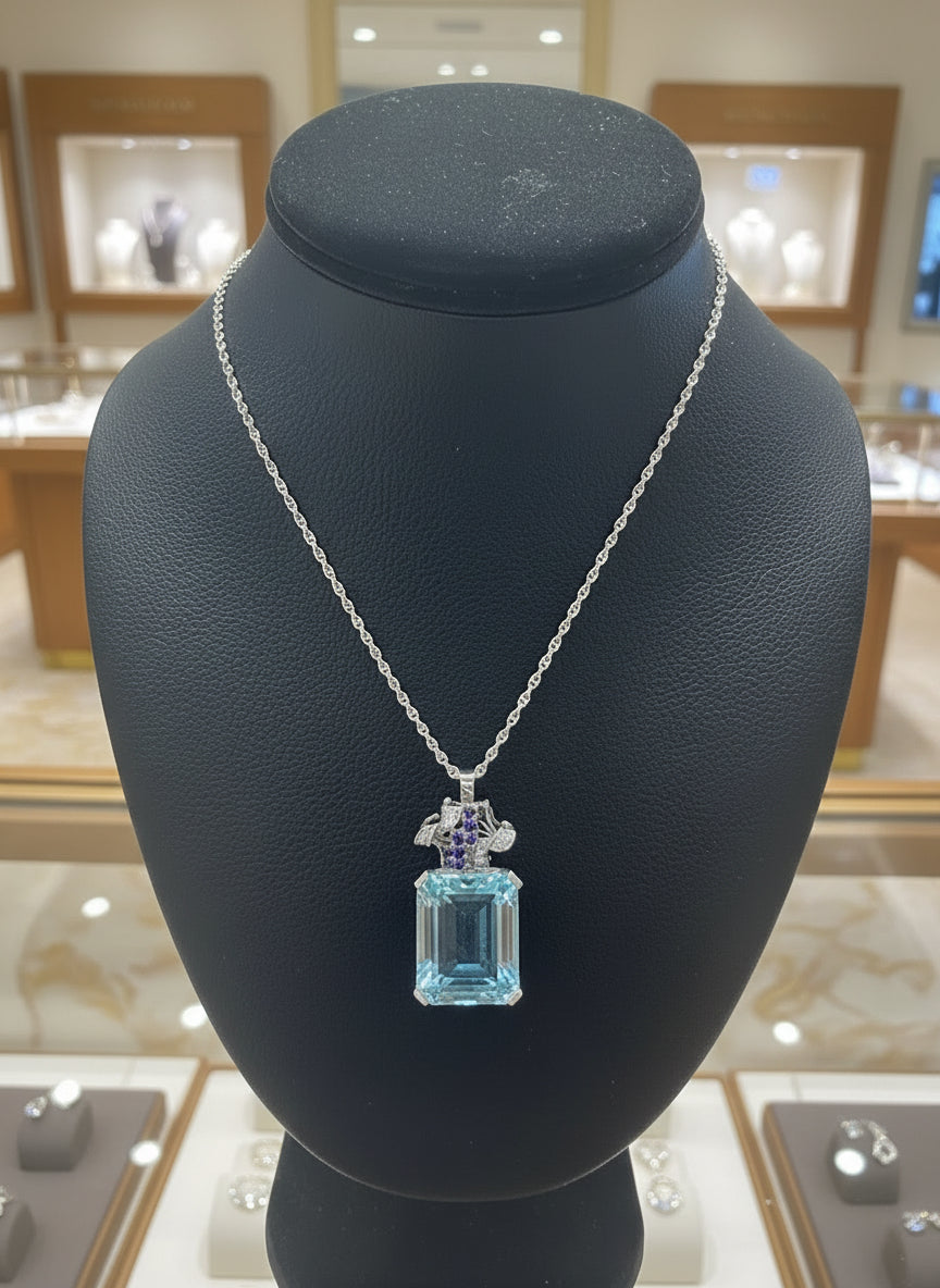1950's 32ct Aquamarine, Diamond, Sapphire Platinum/14K White Gold Necklace