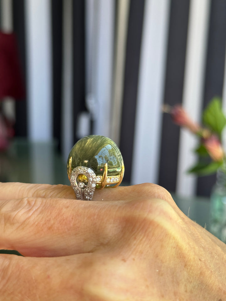 Custom Made Designer 61 Carat Cats Eye Tourmaline, Diamond, Platinum and 18K Yellow Gold Ring