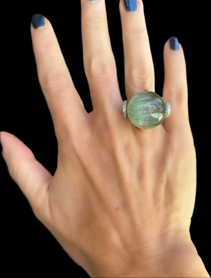 Custom Made Designer 61 Carat Cats Eye Tourmaline, Diamond, Platinum and 18K Yellow Gold Ring