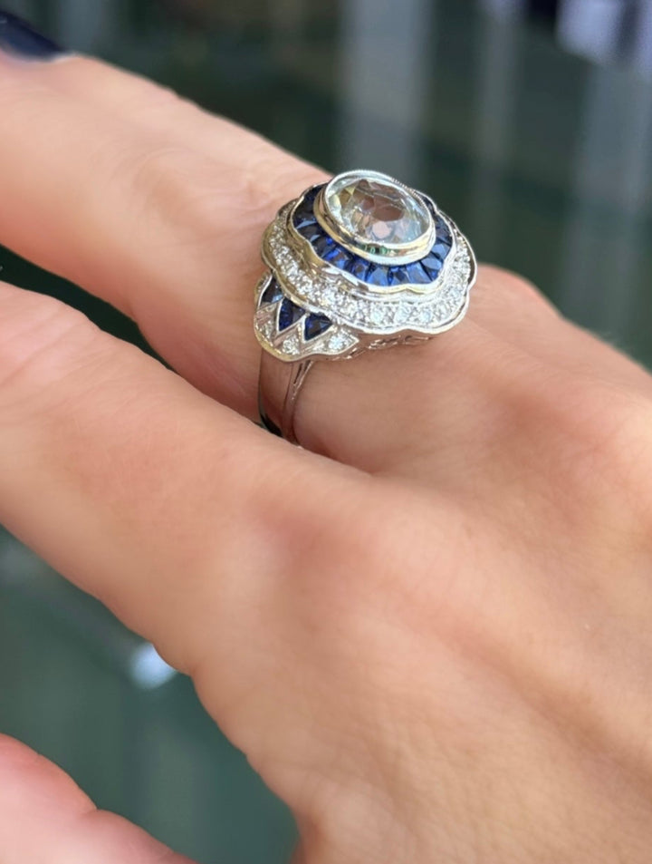Estate Art Deco Reproduction French Cut Sapphire Diamond Aqua Ring