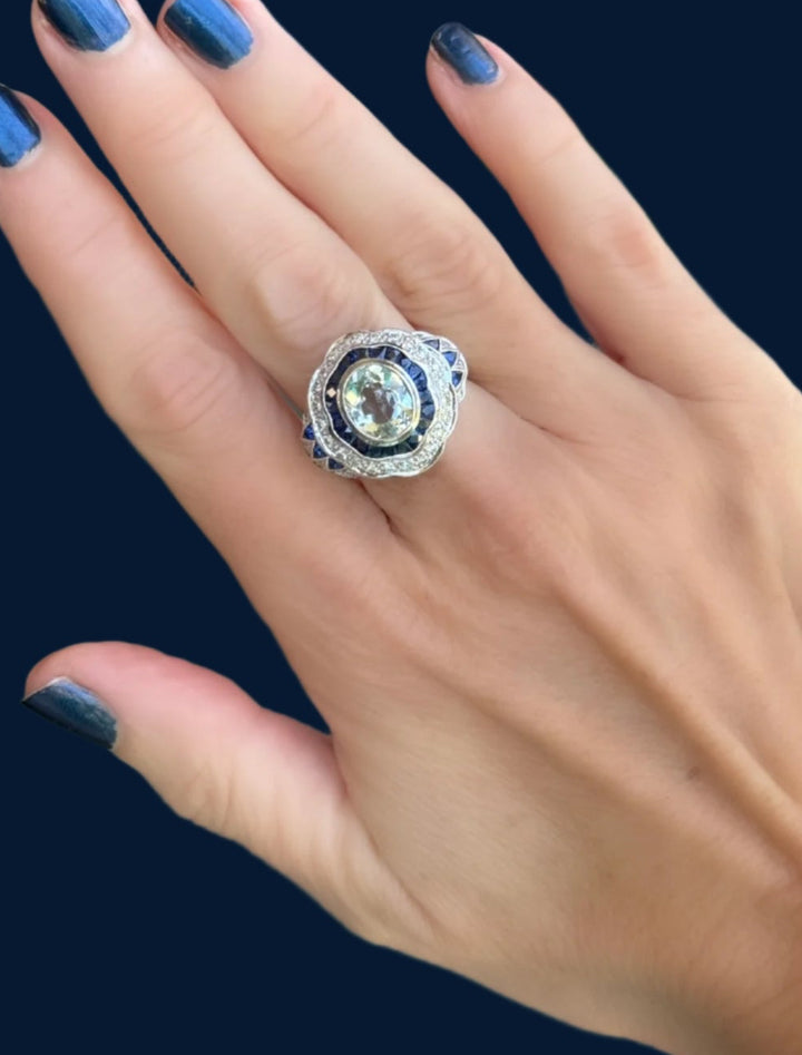 Estate Art Deco Reproduction French Cut Sapphire Diamond Aqua Ring