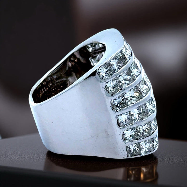 Princess Cut 6 Row Diamond and 18K White Gold Ring