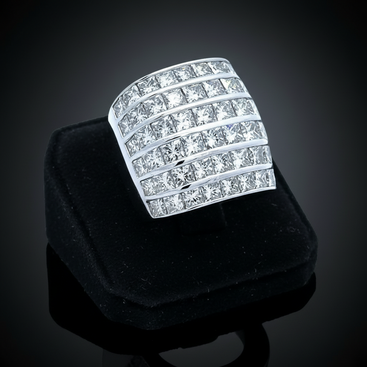 Princess Cut 6 Row Diamond and 18K White Gold Ring