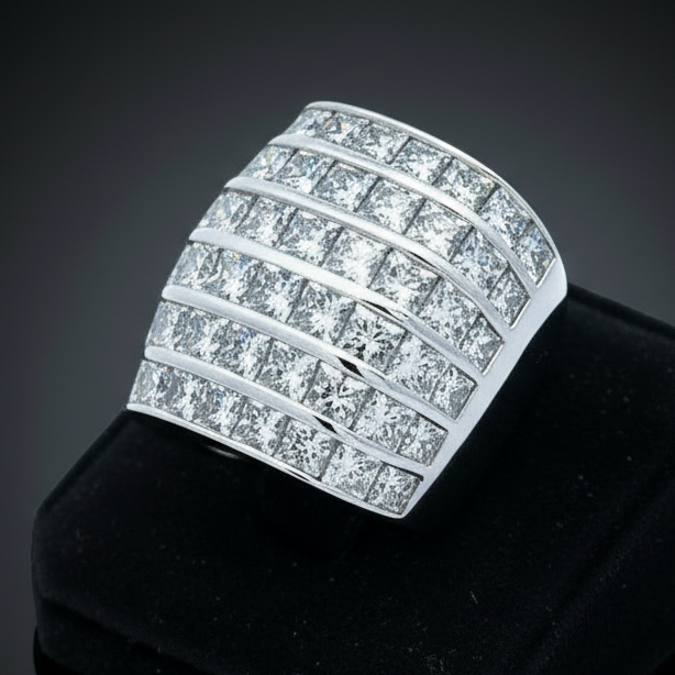Princess Cut 6 Row Diamond and 18K White Gold Ring
