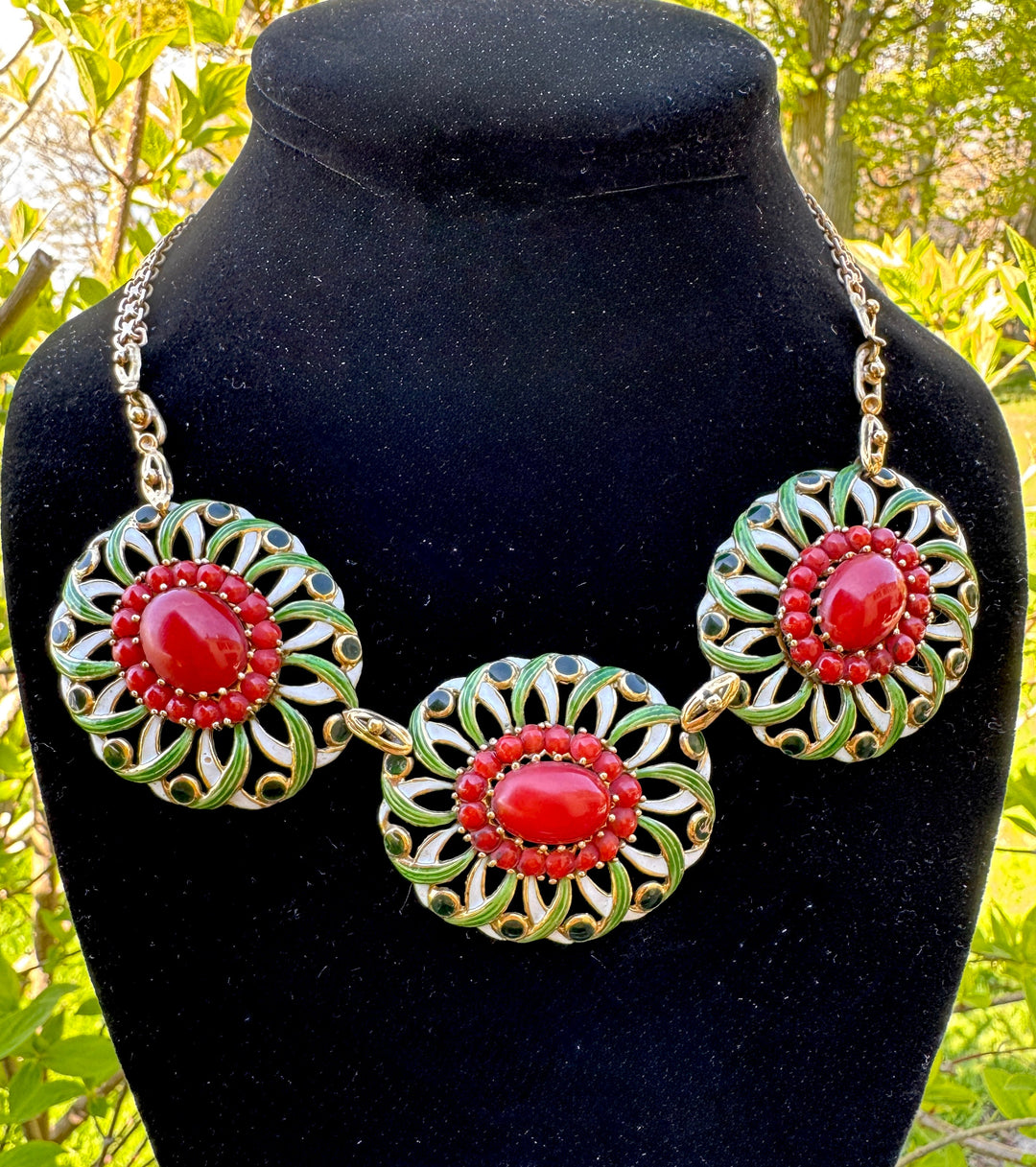 Italian 1960's Coral, Green & White Enamel 14kt/18kt Yellow Gold set