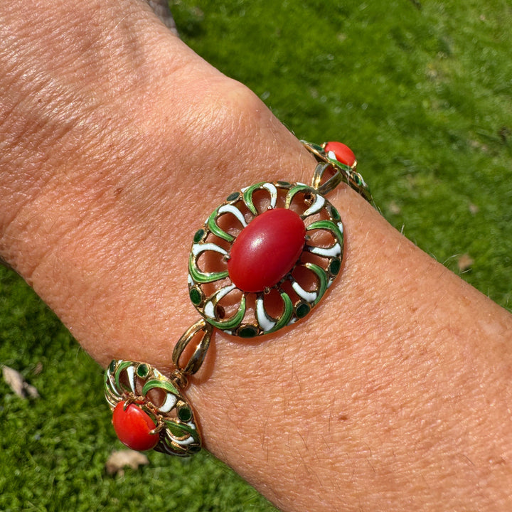 Italian 1960's Coral, Green & White Enamel 14kt/18kt Yellow Gold set