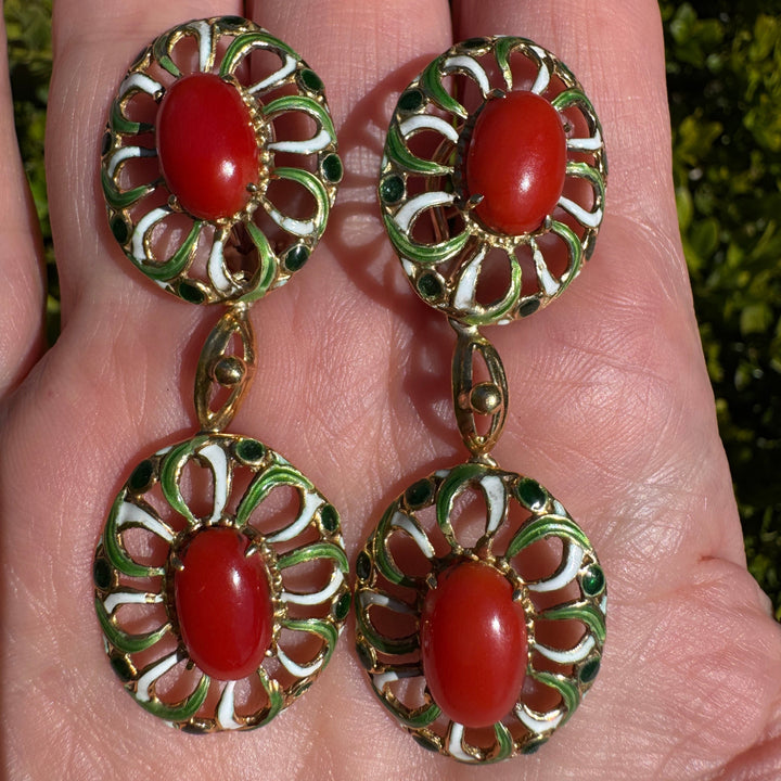 Italian 1960's Coral, Green & White Enamel 14kt/18kt Yellow Gold set