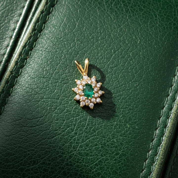 Modern Emerald and Diamond Cluster 14Kt Yellow Gold Pendant