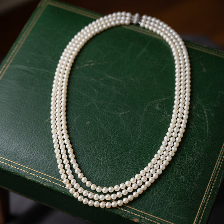 Modern 1960's Multi Strand Japanese Akoya Cultured Pearl 14k White Gold Necklace