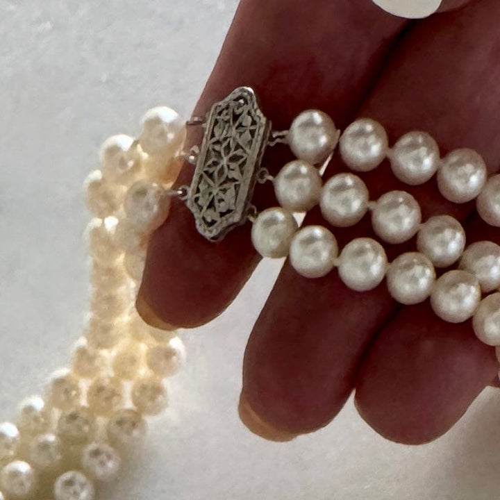 Modern 1960's Multi Strand Japanese Akoya Cultured Pearl 14k White Gold Necklace
