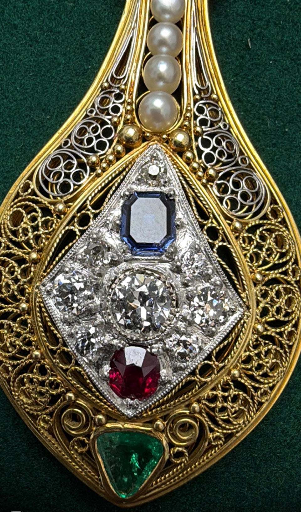 Designer V. Parseghian Diamond, Sapphire, Ruby, Pearl Platinum/18K Yellow Gold Necklace