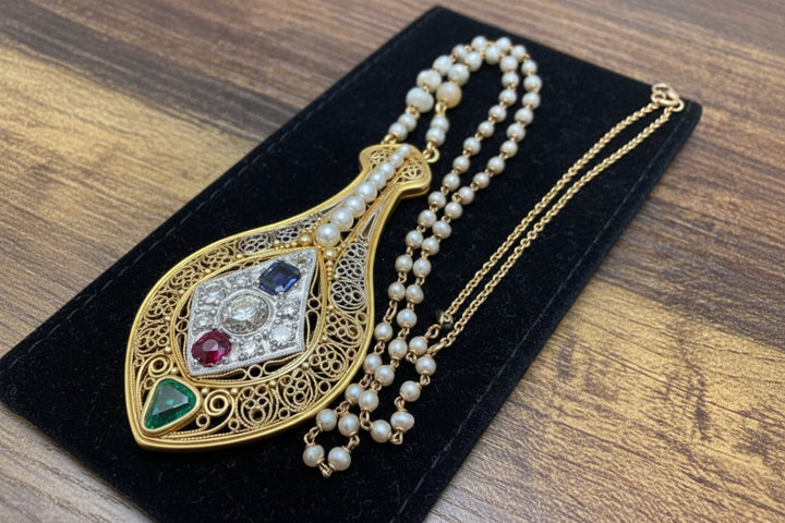 Designer V. Parseghian Diamond, Sapphire, Ruby, Pearl Platinum/18K Yellow Gold Necklace