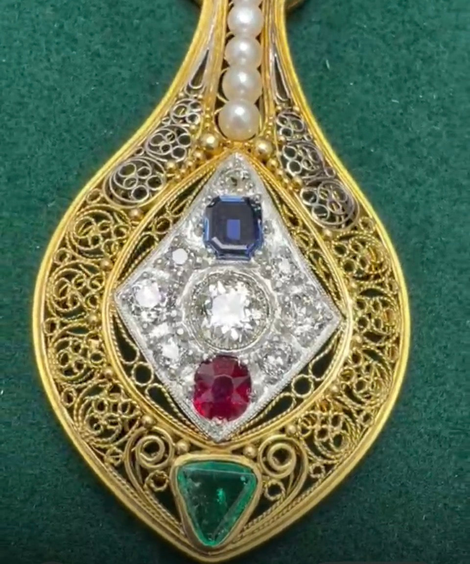 Designer V. Parseghian Diamond, Sapphire, Ruby, Pearl Platinum/18K Yellow Gold Necklace